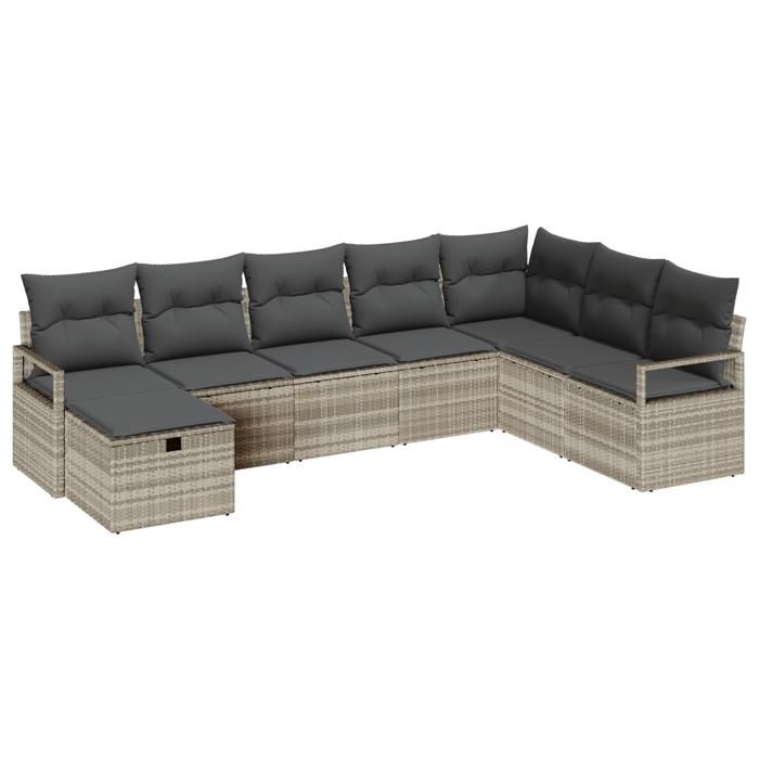 Ensemble de Canapés de Jardin 8 Pièces avec Coussins Gris Clair en Poly Rattan, Canapé de Jardin 2 Places avec Rangement 3360563