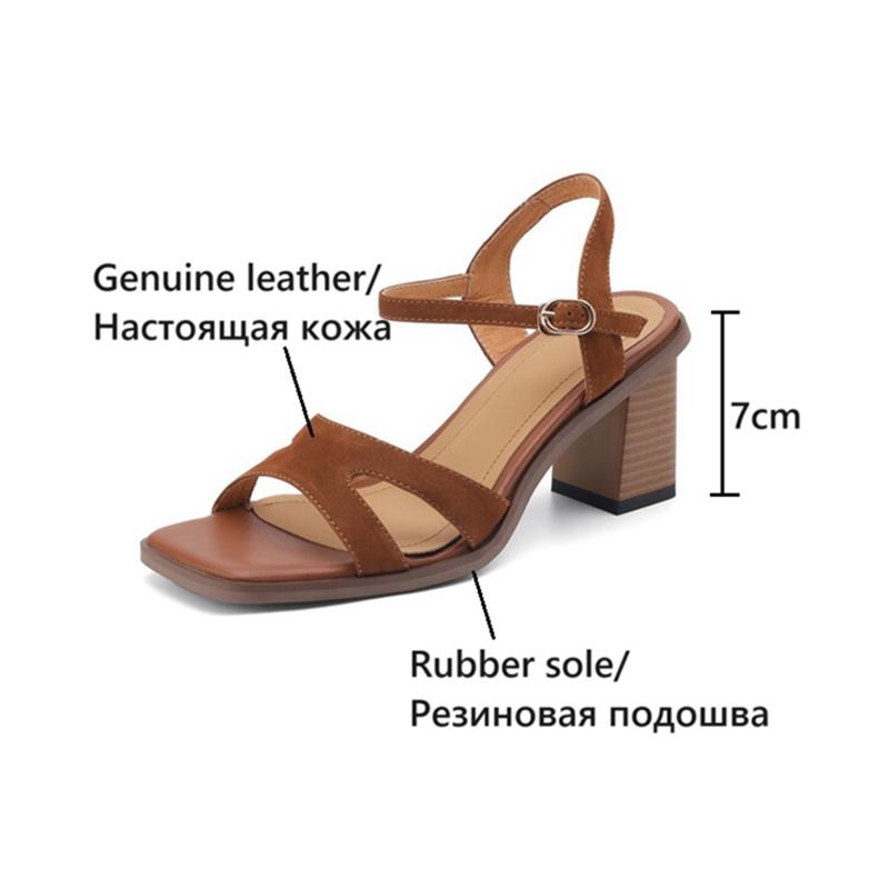 Fashion NEW Summer Women Sandals Genuine Leather Shoes for Women Square Toe Chunky Heel Shoes Casual Narrow Band Gladiator Brown Shoes