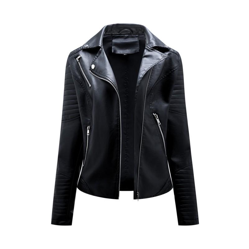 Womens Short Fitted PU Leather Biker Jacket With Asymmetrical Zipper Collar Streetwear Outerwear