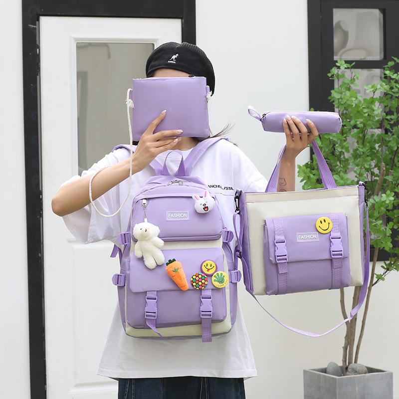 Set di Zaini in Tela da 4-5 Pezzi per Studenti: Design Carino con Carota e Coniglio, Perfetto per Bambine e Bambini delle Scuole Elementari e Medie