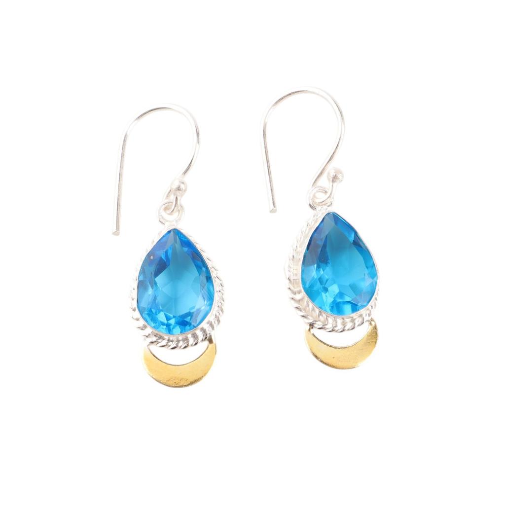 Swiss Blue Topaz Gemstone 925 Fine Silver Jewelry Handmade Earrings 1.5" For Her EE-162-10