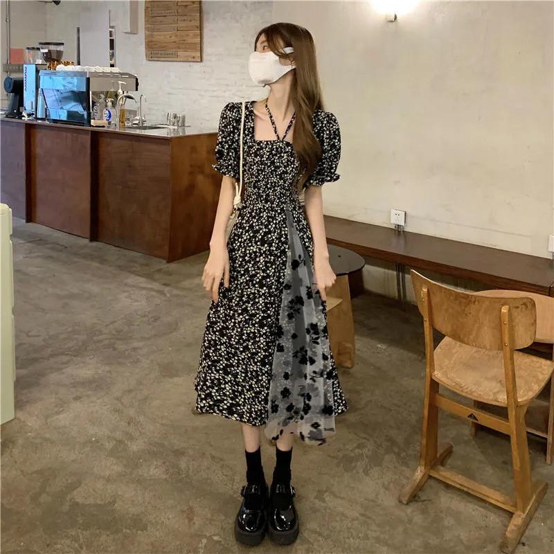 Floral Square Neck Dress For Women With Mesh Patchwork Summer Style