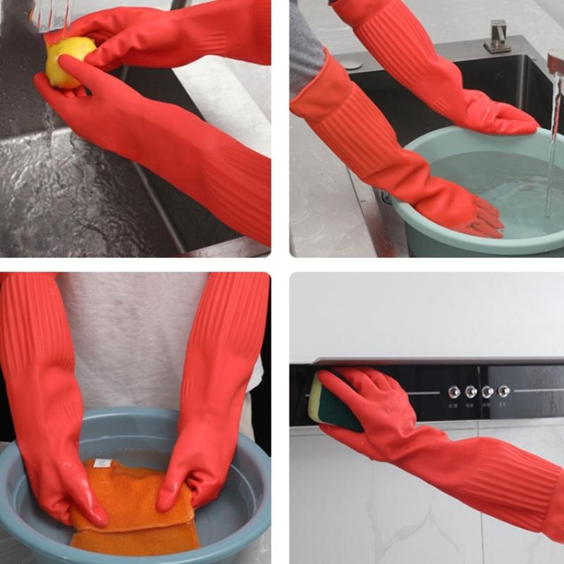 Red Gloves Washing Dishes Cleaning Waterproof Rubber Sleeve Gloves Latex Long Gloves Kitchen Tool