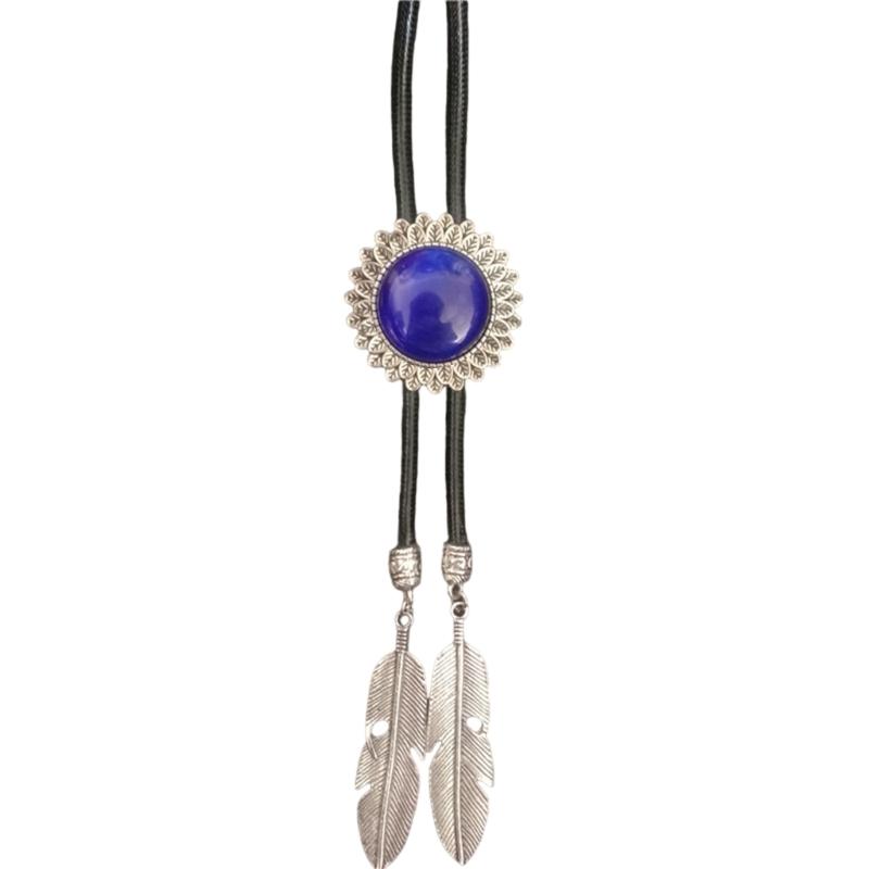 Engraving Flower Stone Bolo Tie Carved Necktie for Shirt Jeans Western Necklace Braided Shoestring Necktie Bolo Tie