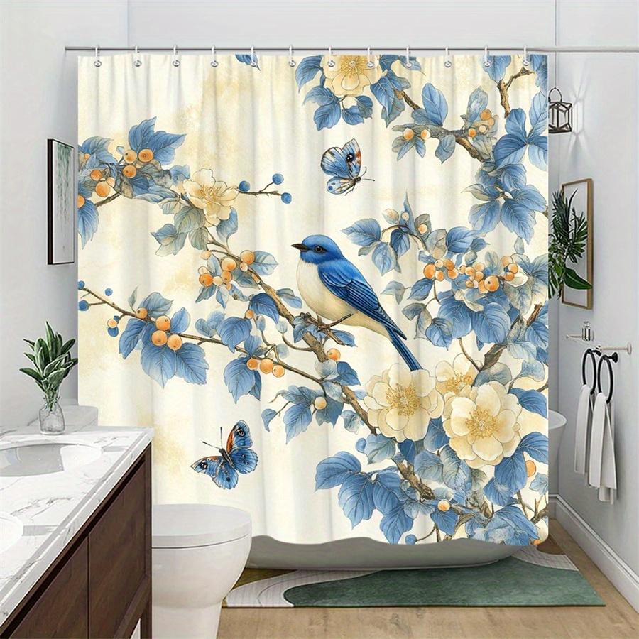 1Pc Vibrant Bluebird And Floral Shower Curtain - Polyester Fabric, Machine Washable, Suitable For Bathroom Decoration