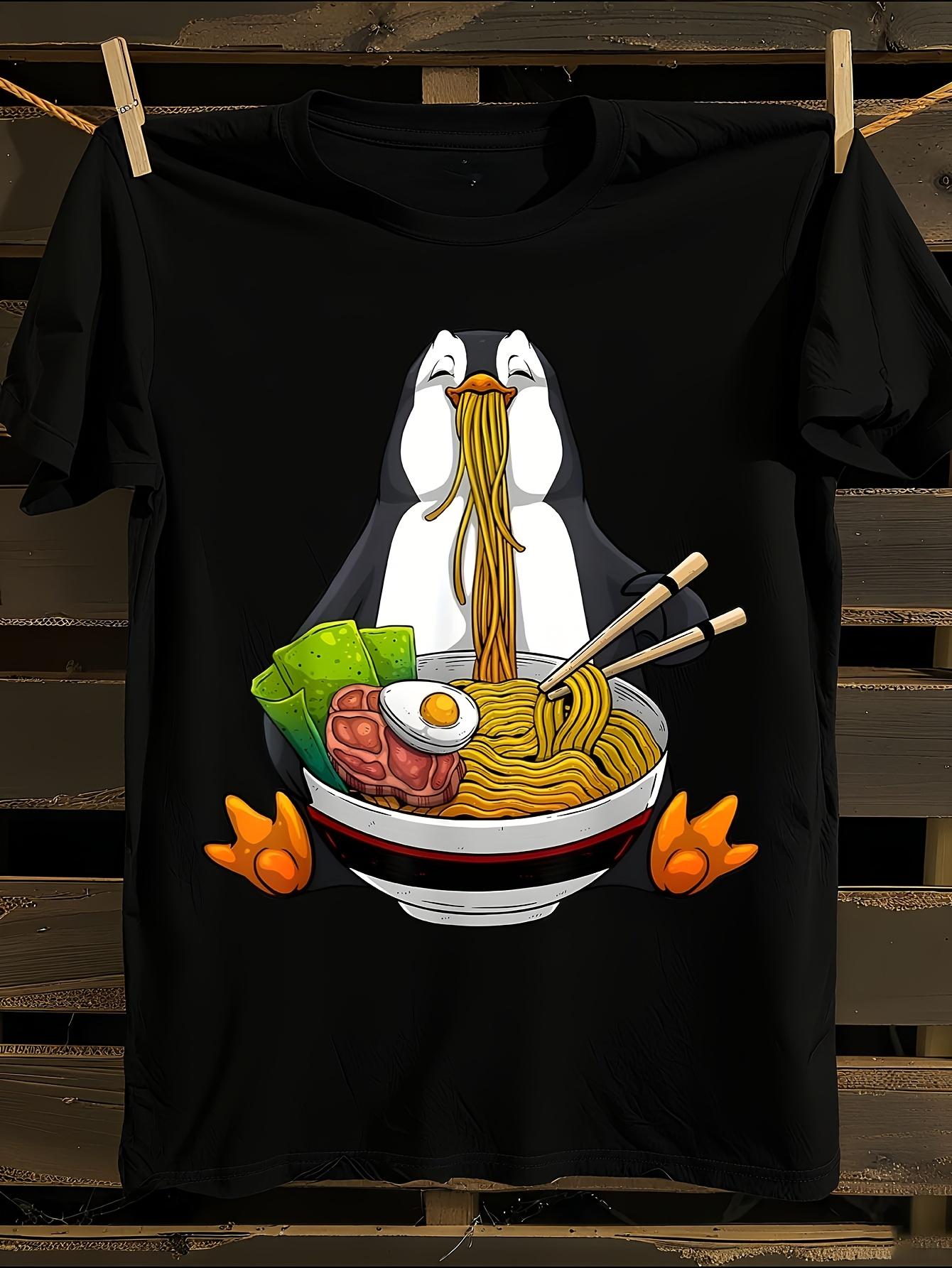 Cute Anime Tshirt Anime-Inspired Penguin Eating Ramen Tshirt L