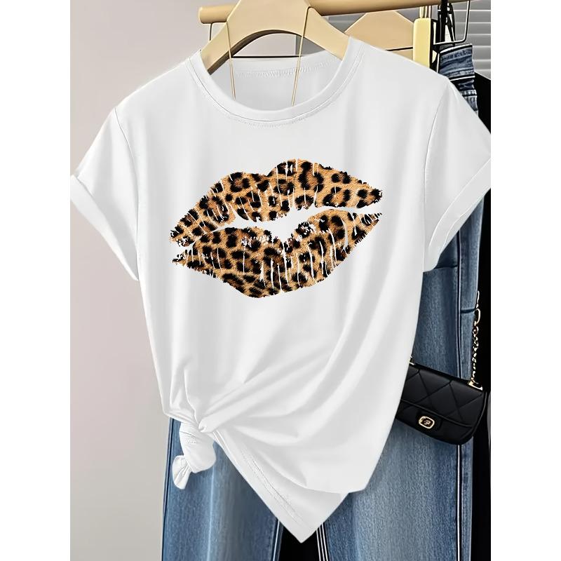European Size Womens Leopard Lips Graphic Tee Shirt Valentine's Day Crew Neck Short Sleeve Casual Everyday Tops