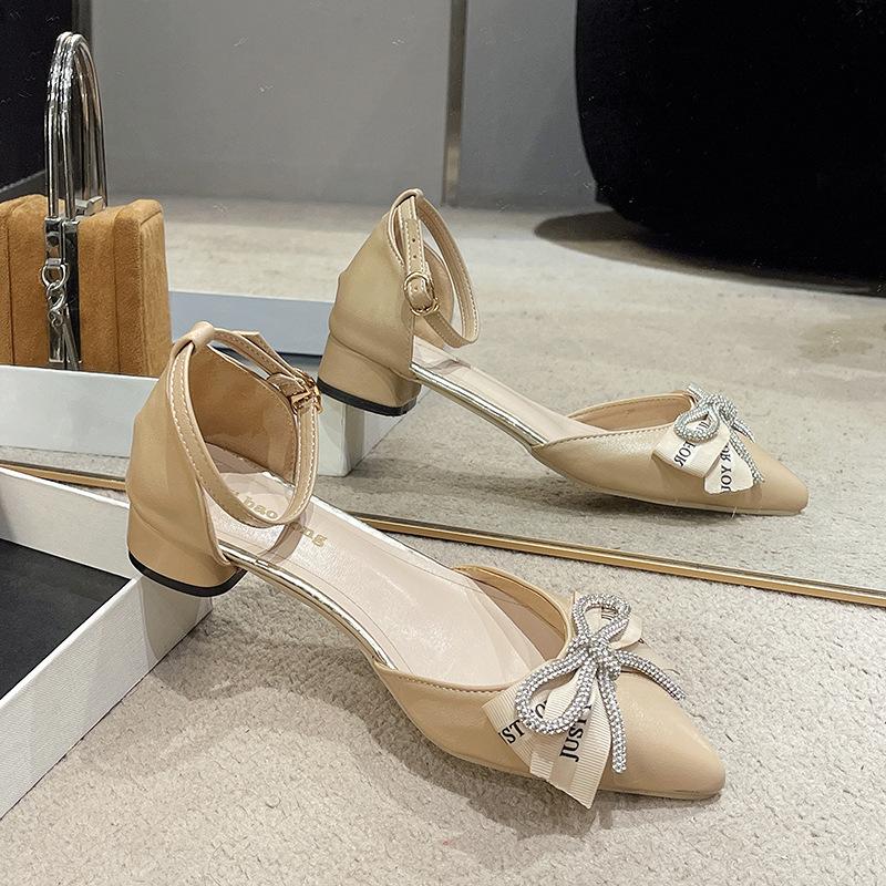 Baotou Sandals Women's Summer 2025 New Pointed Thick Heel Rhinestone Bow High Heel Single Shoes