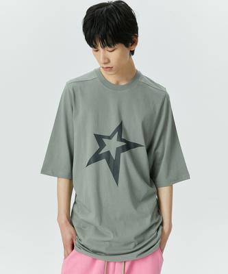 ATTENTIONROW Edition 1. Slanding Star Vintage Print Oversized Short Sleeve T-Shirt (Olive Khaki)
