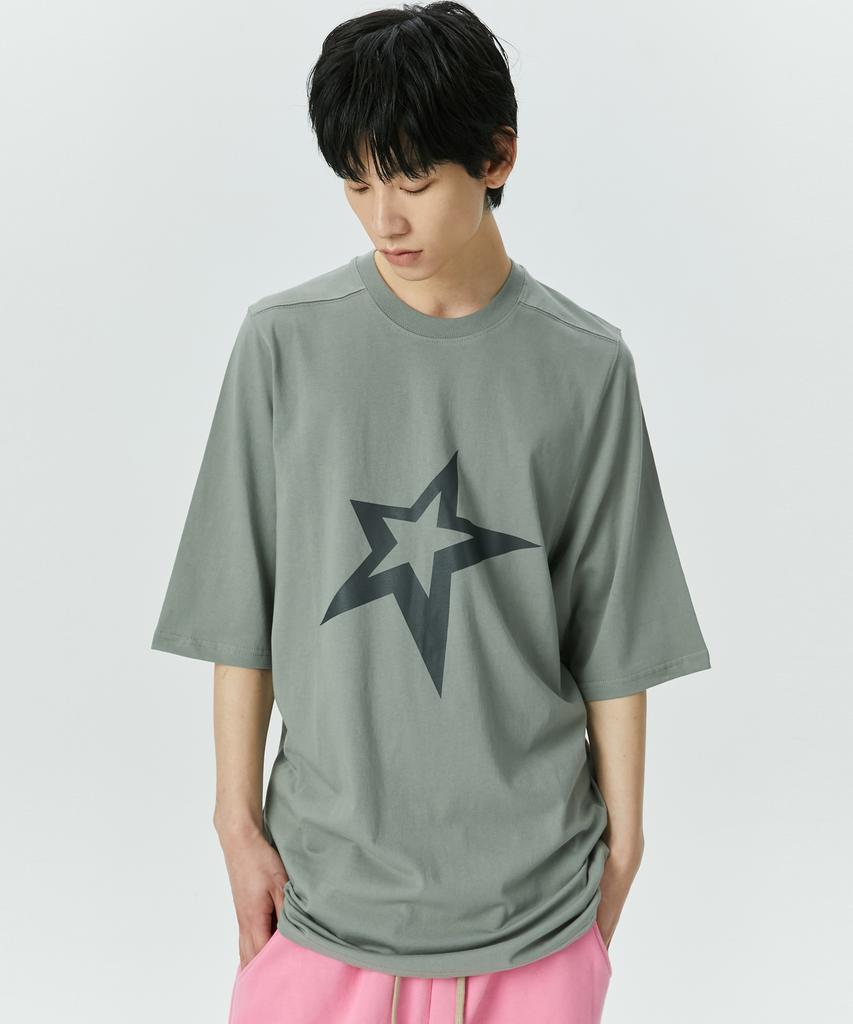 ATTENTIONROW Edition 1. Slanding Star Vintage Print Oversized Short Sleeve T-Shirt (Olive Khaki)