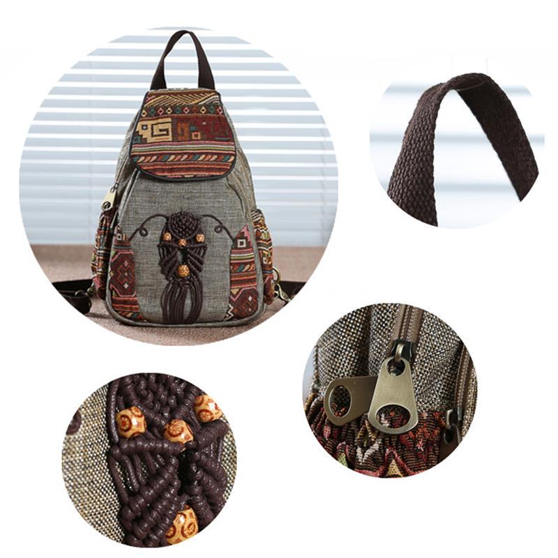 Handmade Backpack Women's Vintage Canvas Backpacks National Style Geometrical Printed Bag Female Simple Travel Backpack