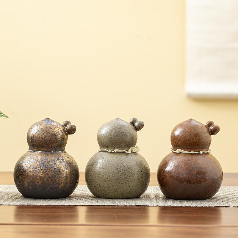 Ceramic Gourd Storage Jar Vintage Rustic Pottery Candy Jar Household Moisture-proof Container for Nuts Coffee Beans and Herbs