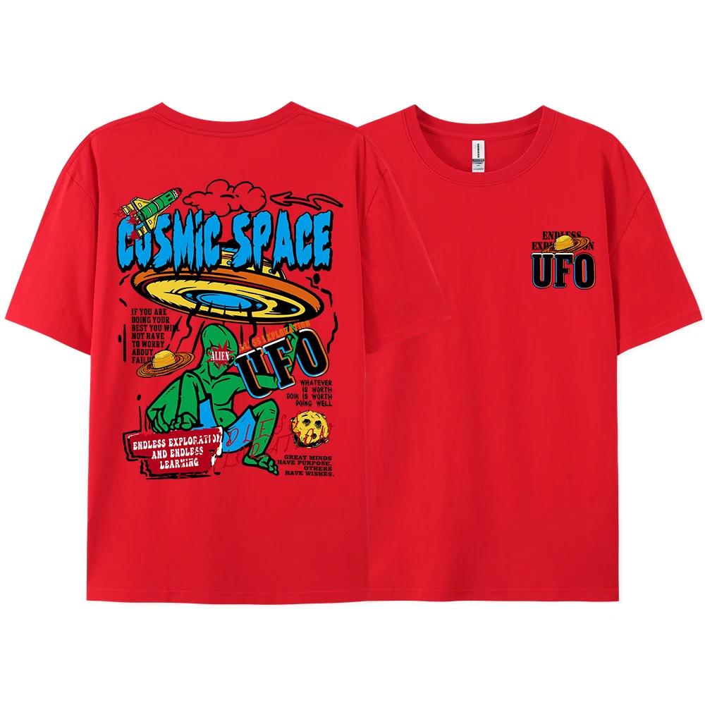 Summer Men's T-shirt, 100% Pure Cotton, Cosmic Space Alien Pattern Printed Top, Fashionable Street Loose T-shirt