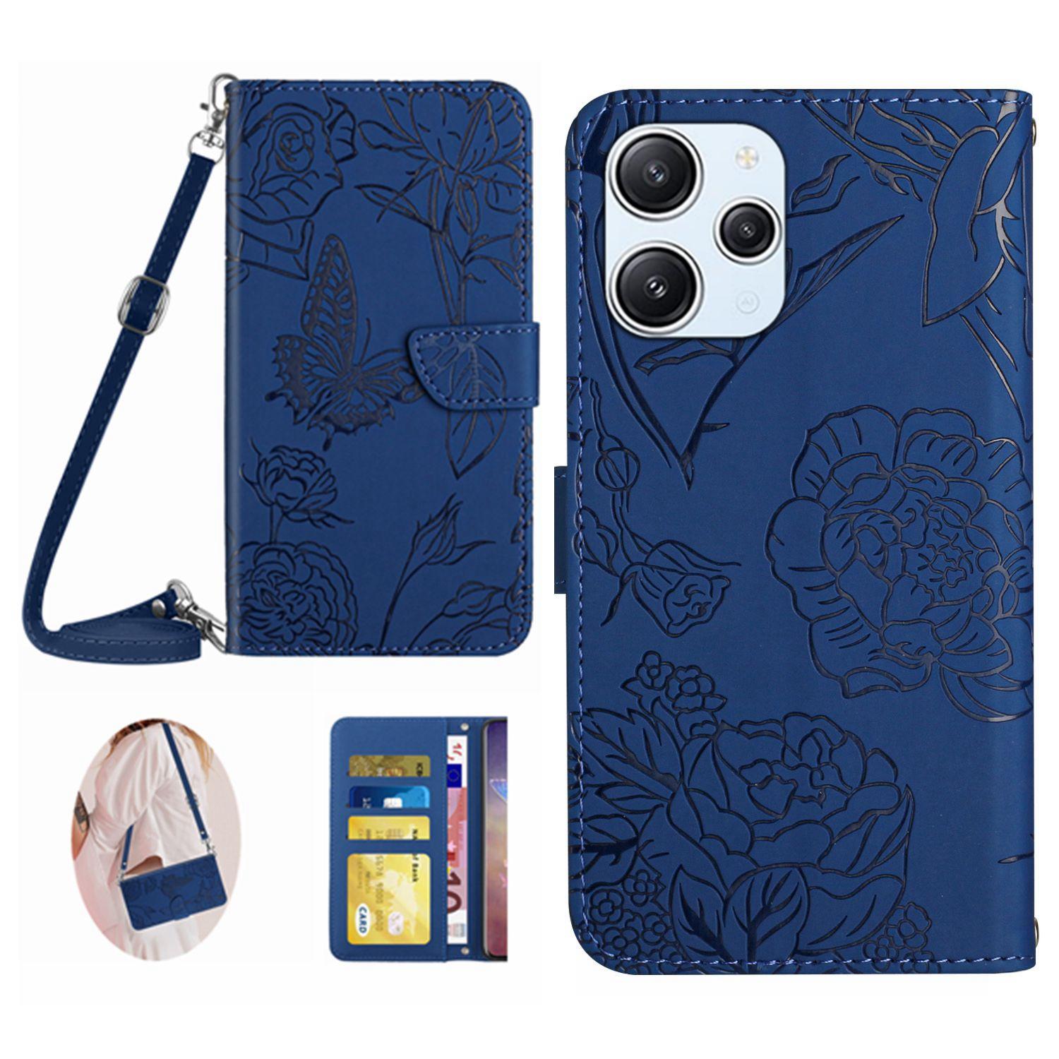

HT03 For Xiaomi Redmi 12 4G PU Leather Wallet Case Imprinted Flip Stand Cover with Shoulder Strap Blue