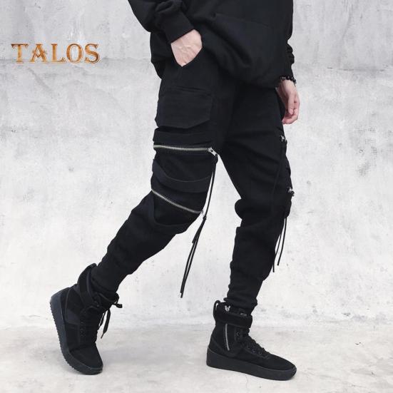 Herren Cargohose mit Riemen und Reißverschluss, lockere Knöchelpartie, mittelhohe Hose, einfarbig, mehrere Farben, Hip Hop Streetwear, Outdoor, Reisen, Sporthose