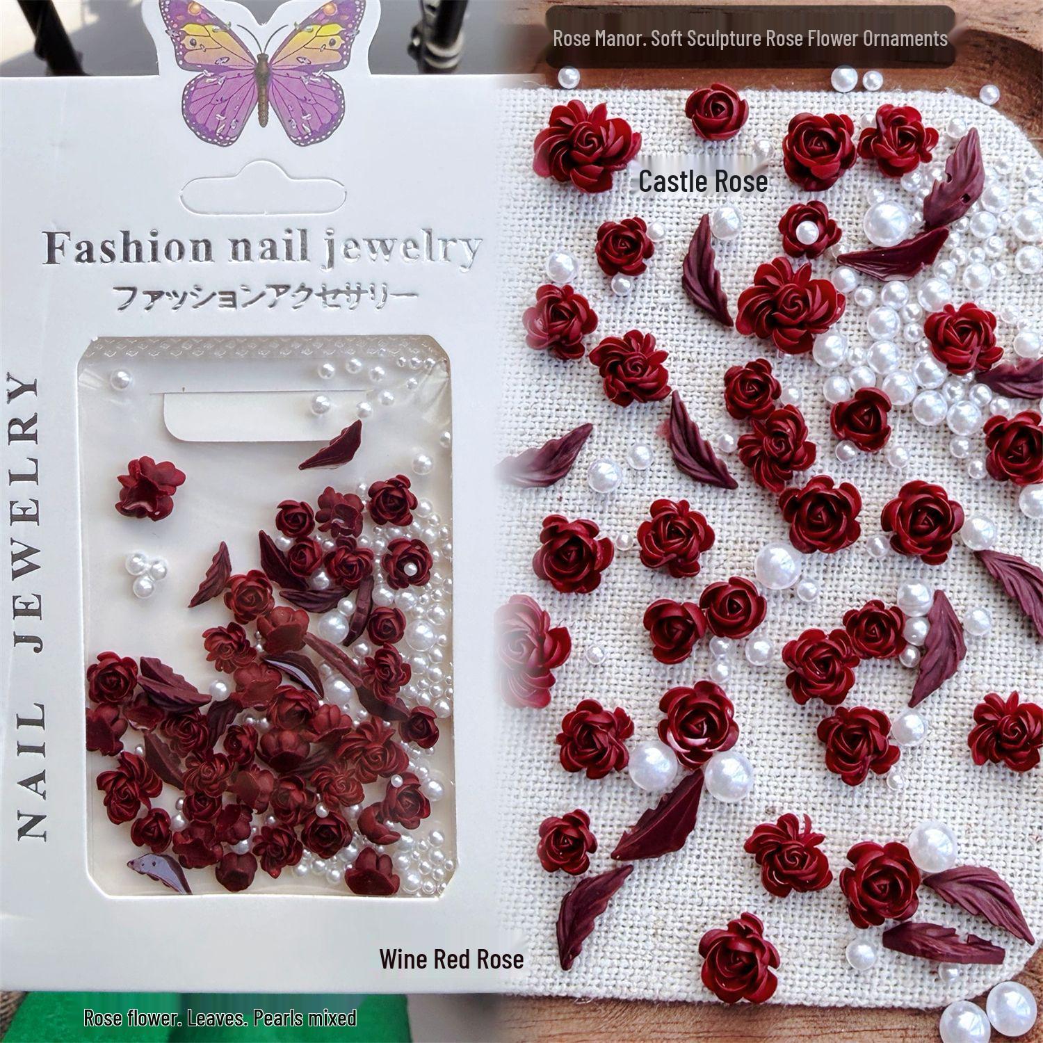 Retro Red Rose Soft Sculpted Nail Art Embossed Coffee Color Decoration Pack