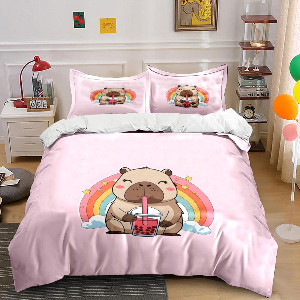Adorable Capybaras Drinking Milk Tea Bedding Set For Kids Luxury Gift 3Pcs Digital Print Comforter Set Soft Comfortable