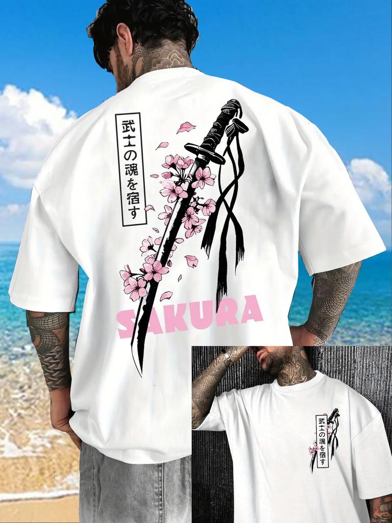 Japanese Samurai Sword Sakura Print Cotton Men Women T-shirt Summer Autumn Daily Outdoor Sports Casual Street Short-sleeve