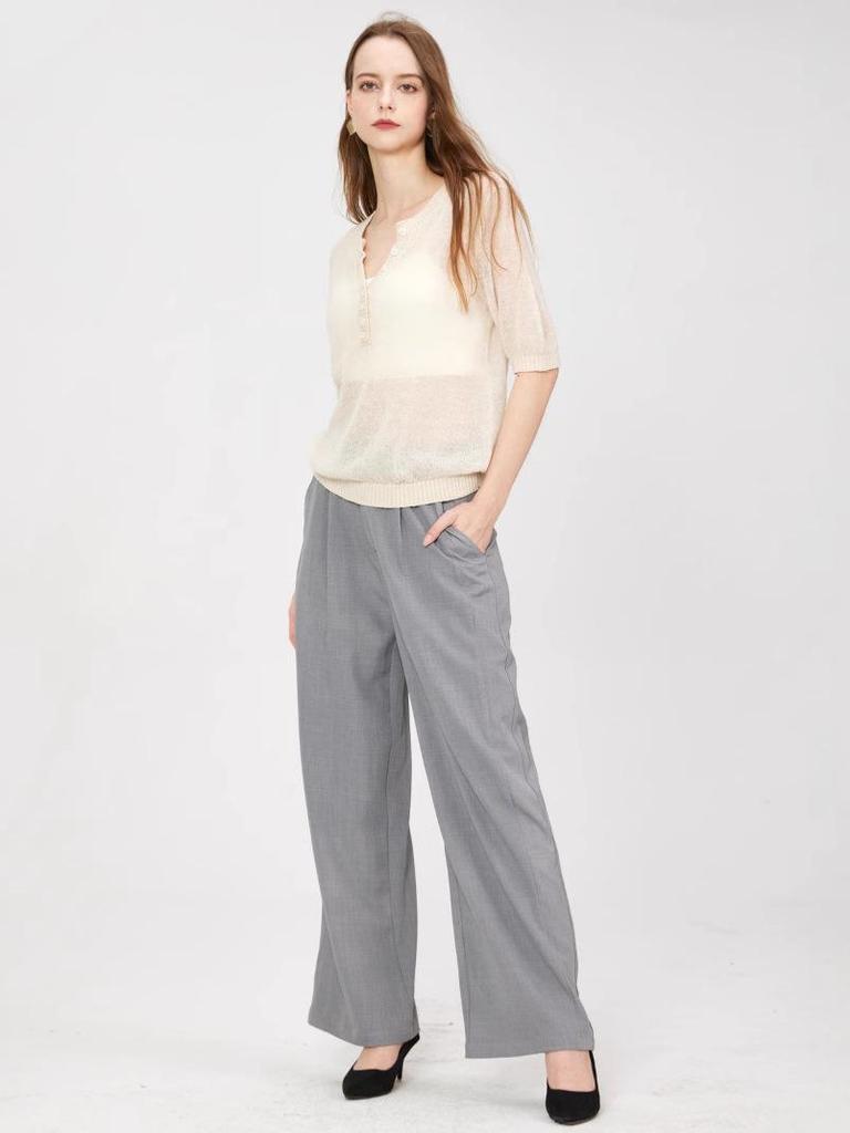 High-End Wolle V-Ausschnitt Semi-Transparent Geknöpft Fünf-Ärmel Gestricktes Freizeit-Top