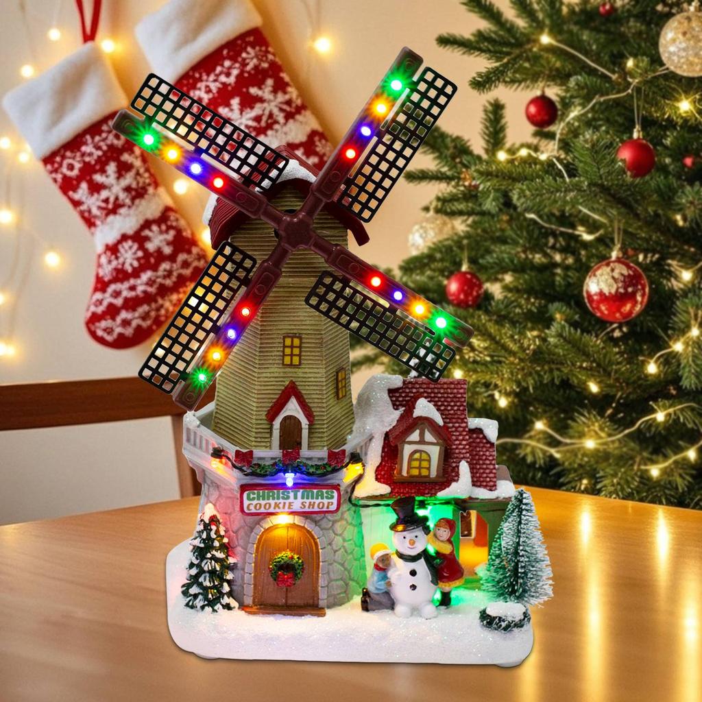 Animierte Winterliche Weihnachts-Windmühle Dorf Dekor Beleuchtete Sammlerstück Gebäude Szene Musikalisch Innen Feiertags-Tisch Heim Ornament