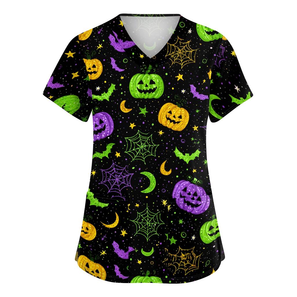 Women's V Neck Short Sleeve Work Top with Pockets Halloween Print Medical Uniform Shirt for Caregivers and Healthcare Professionals
