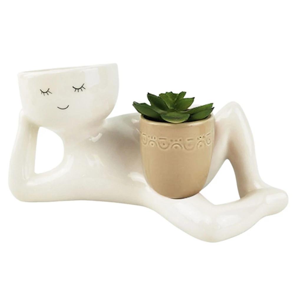 Face Flower Pot Planter Figure Art Statue Ornament Home Human Resin Decorative Potted with Drainage Hole Succulents Vase