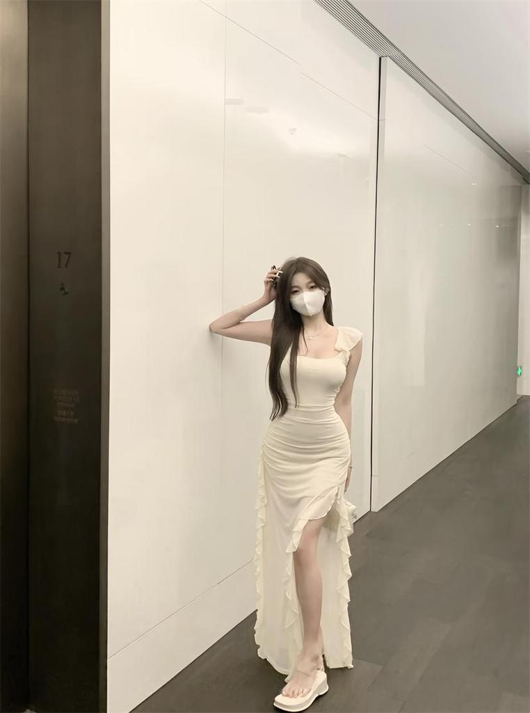Sweet Spice Girl Pure Desire Wind Xiaofei Sleeve Split Suspender Dress Women's Summer Waist Skinny Irregular Mesh Dress