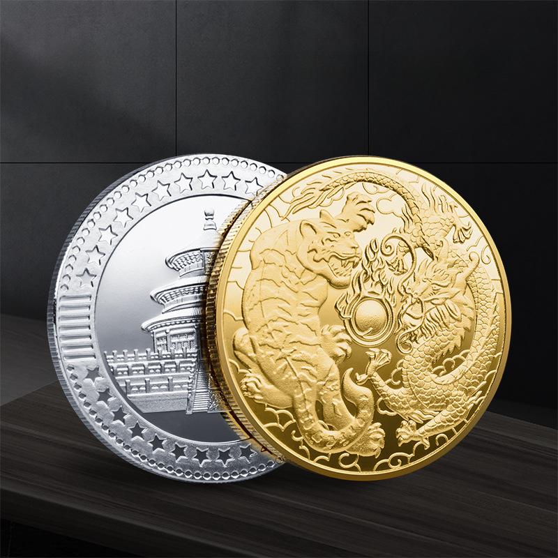 Chinese Style Zodiac Tiger Head Silver Plated Commemorative Coin Collectible Animals Embossed Dragon Tiger Fighting Feng Shui Gold Coin