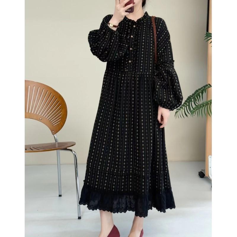 Johnature Jacquard Ruffle Printed Casual Dress Spring Loose Long Pullover Long-Sleeve A-Line Women Dresses