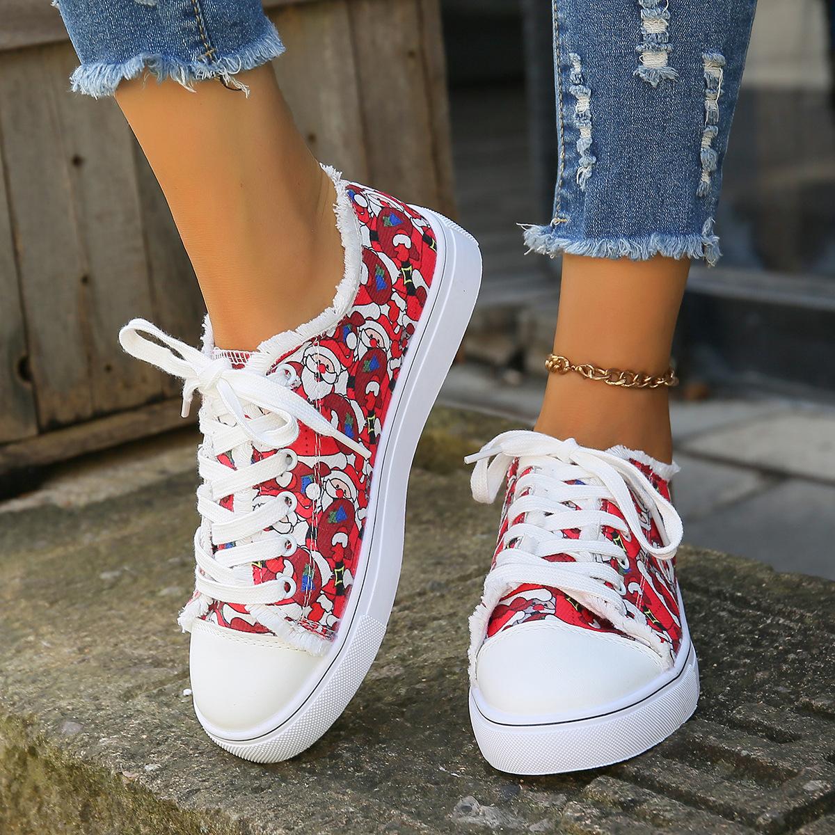 

Западное Рождество красный Санта Клаус аватар повседневная одиночная обувь большой размер плоские парусиновые спортивные скейтбордические туфли 43