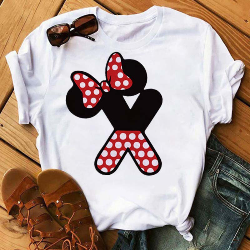 Cute Unisex Tee Cartoon Mickey Mouse Blouse Tops Letter Print T-Shirt Minnie White Tshirt Loose Hippie Clothes