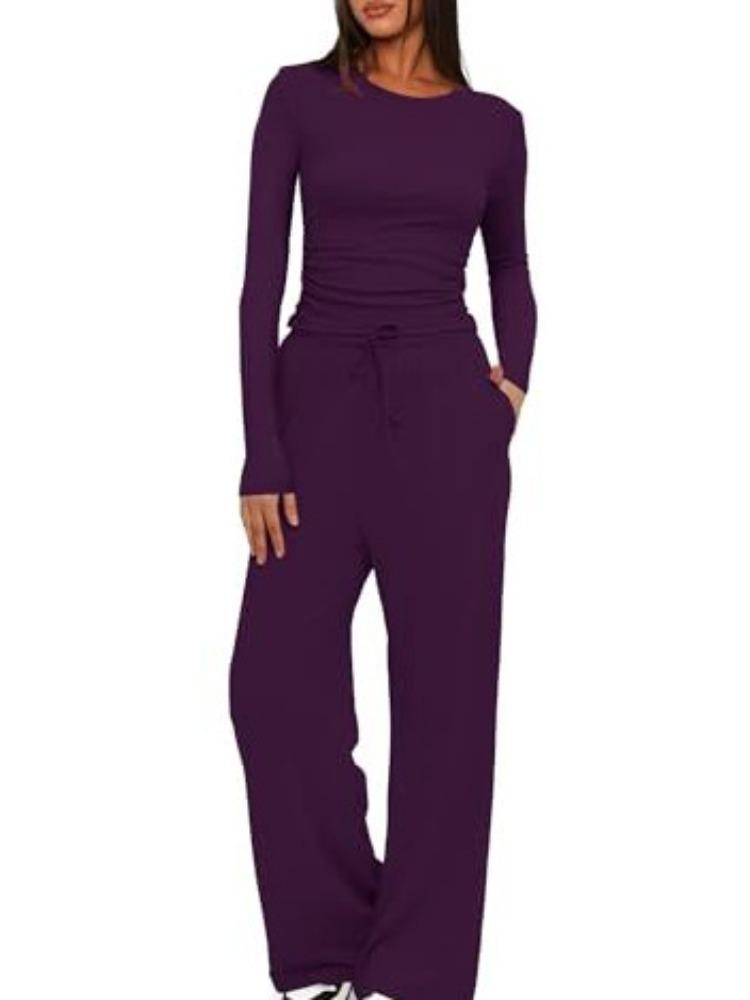 

Women s Ribbed Long Sleeve Top and Wide Leg Pants Set XXXL фіолетовий