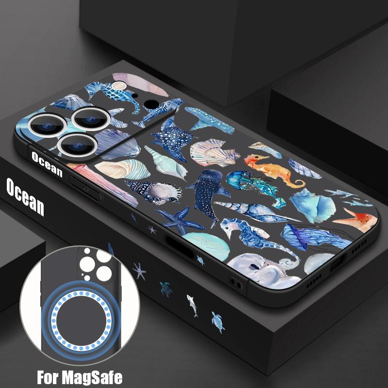 Contrast Color Cartoon Fish Conch Pattern Case For iPhone 16 Pro Max Magnetic For Magsafe Soft Cover For iPhone 17 15 14 13 Pro Max 17E 16E