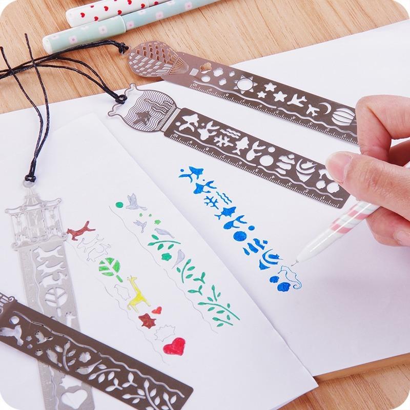 4PCS Multifunctional Creative Retro Hollow Metal Ruler Drawing Bookmarks School Line Template Patchwork Spirograph