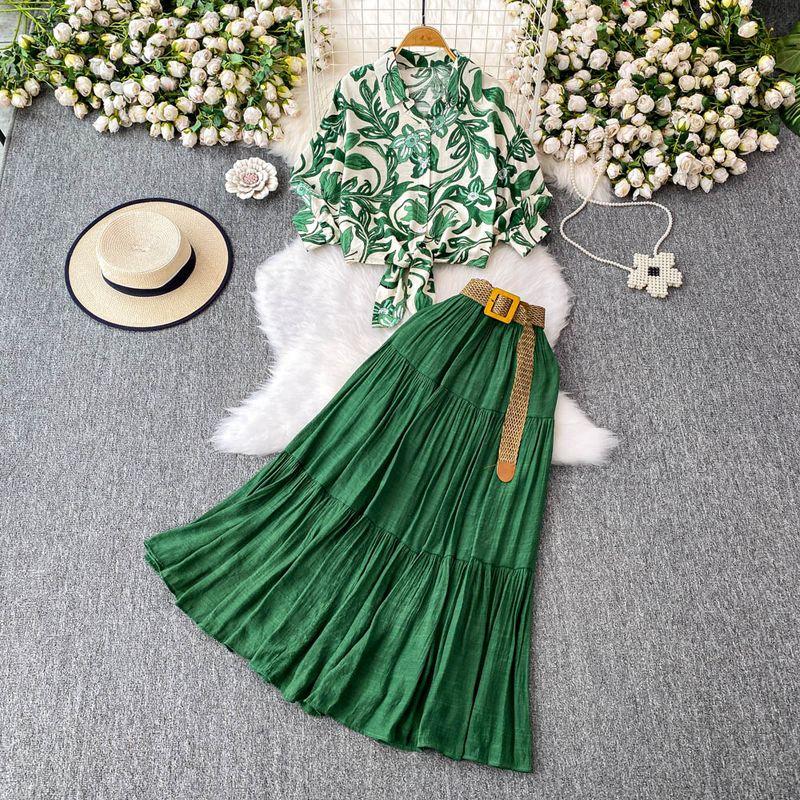 

Hong Kong Style Ins Print Lantern Sleeve Sun Protection Shirts Women Summer Short Strap Top Set High Waist Puffy Cake Skirt Green Two-piece set One size