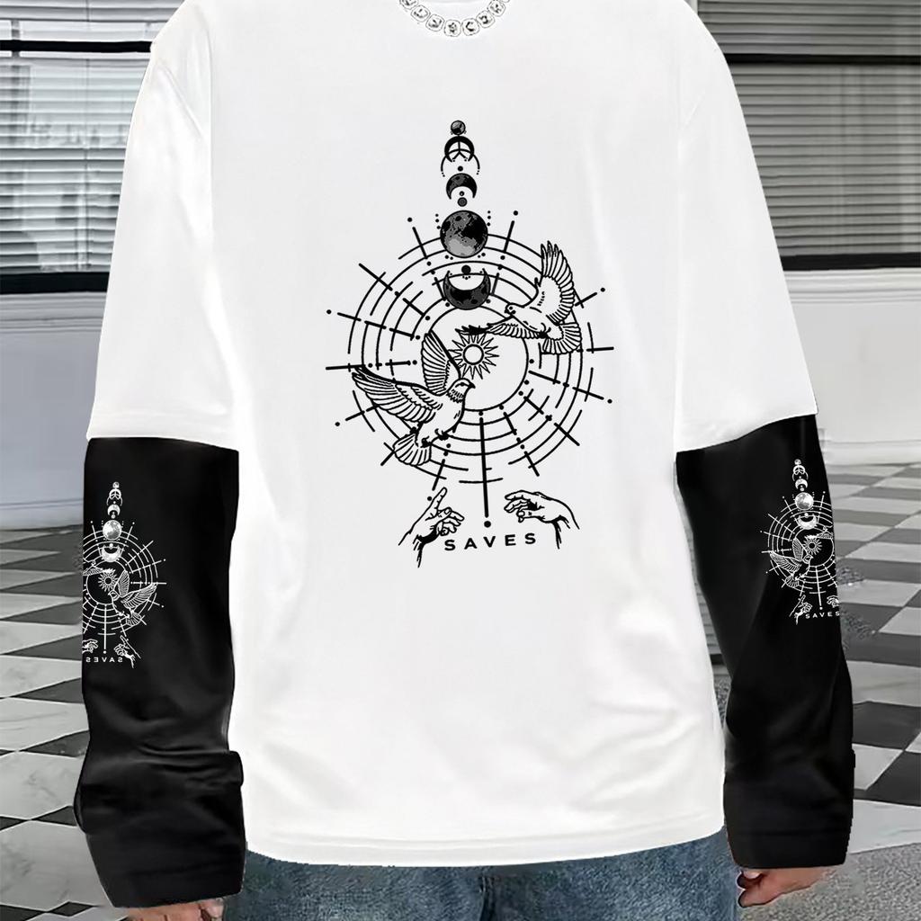 This American Dark Y2K Design Style Features a Black And White Color-Blocked Long-Sleeve T-Shirt with a Dark Thorn Print