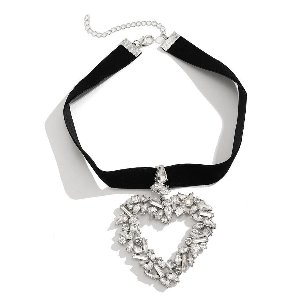 Fashion Rhinestone Big Heart Necklace Black Velvet Choker Collar Sexy Party Neck Jewelry Custom Y2K Clavicle Necklace