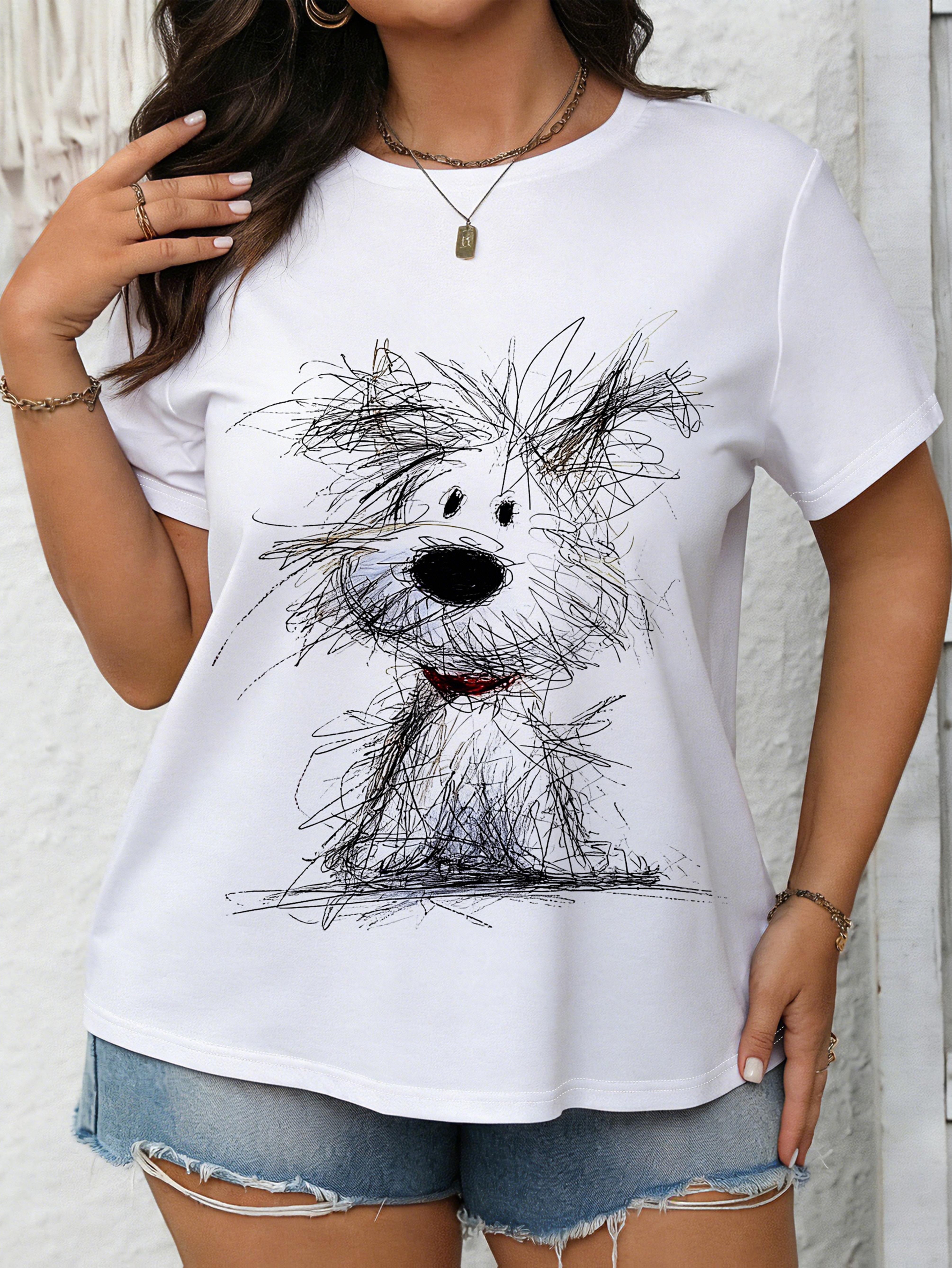 

Artistic Line Graffiti Dog Print T-shirt. Loose Round Neck Short Sleeved Plus Size Top. Plus Size Women s Clothing. Women s Digital Printed Short Slee L дубильная кора