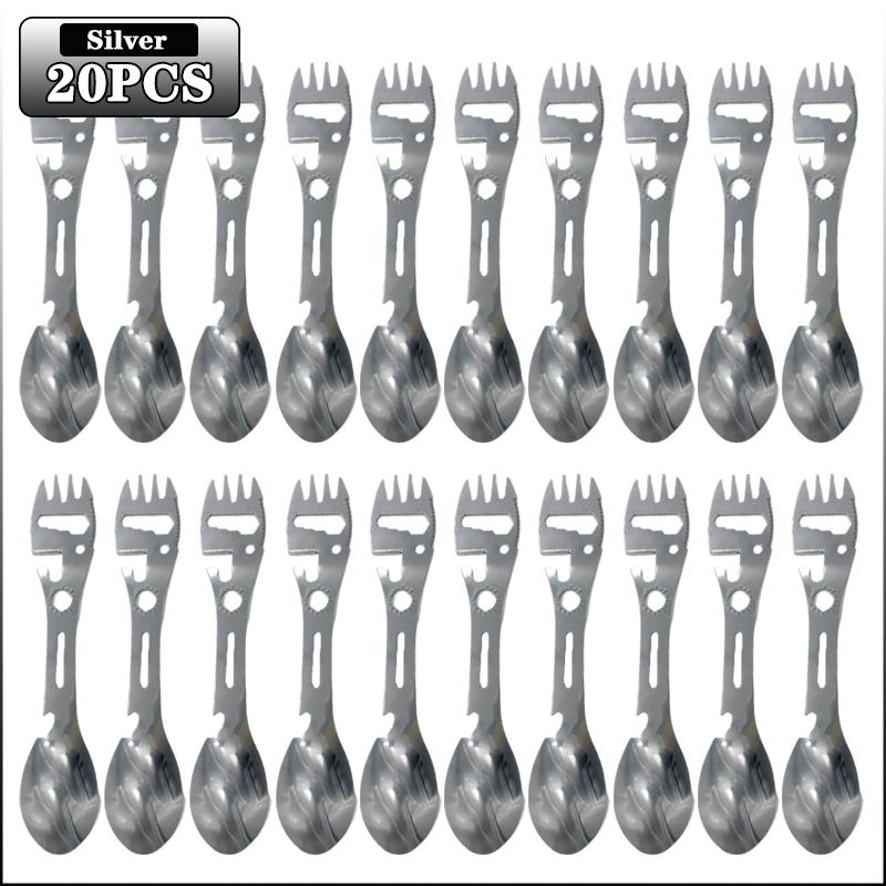 1-20PCS 5 In 1 Stainless Steel Fork Spoon Knife Can Opener Bottle Opener Wrench Multifunctional Gear Outdoor Camping Supplies