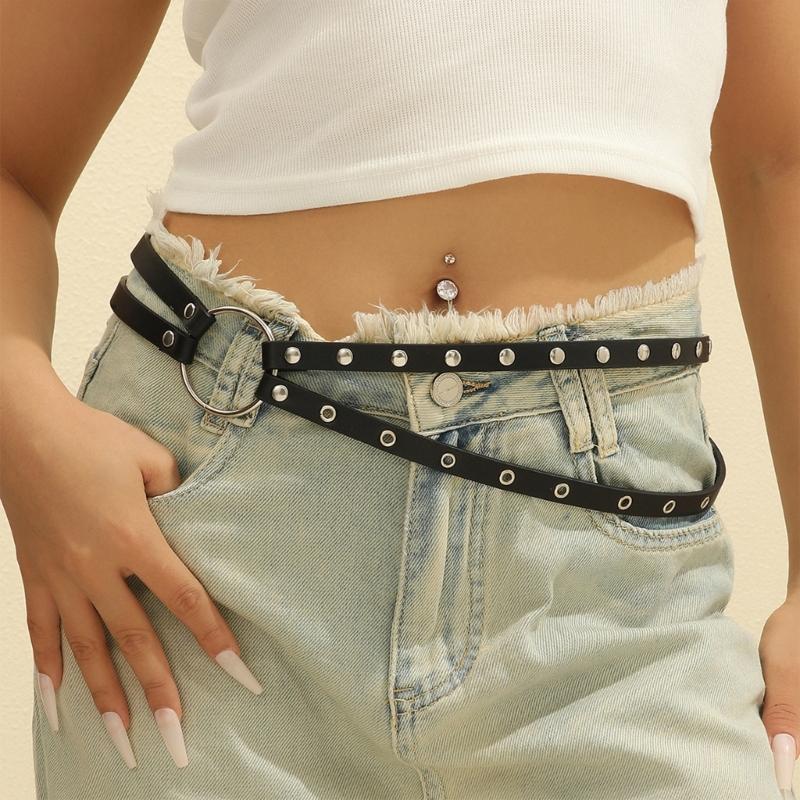 Grommet Waist Belt Punk Double Skinny Chain for Cowboy Grunge Buckle Modern Waistband Waist Chain Studded Belt