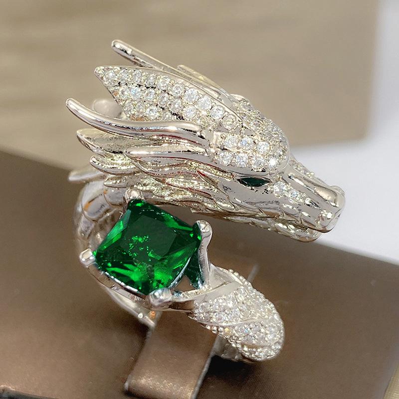 Heavy Industry Open Ring, Oriental Dragon Domineering Ring, Shiny Square Diamond Inlaid Jewelry
