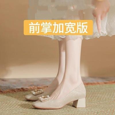 Rhinestone Thick Heel Single Shoes Women's Spring 2025 Temperament Versatile Skirt with Mid-heel Square Head High Heels Wedding Shoes