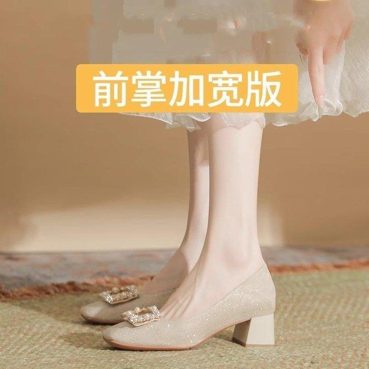 Rhinestone thick heel single shoes women's spring 2025 temperament versatile skirt with mid-heel square head high heels wedding shoes