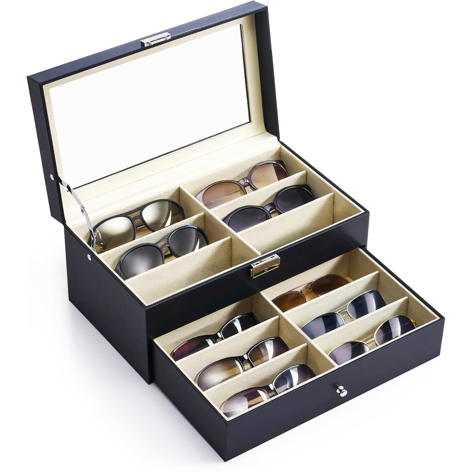 

Mocamoro Чехол для солнцезащитных очков на 12 пар и ящик для хранения аксессуаров с прозрачной акриловой крышкой и ПУ чехол для организации и коллекции очков чёрный