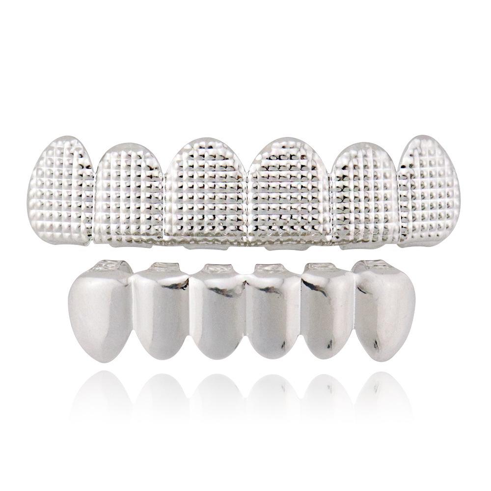 HIOHOP Lattice Pattern 18K Gold Plated Hip Hop Grillz - Top & Bottom Six Teeth Fashion Accessory.