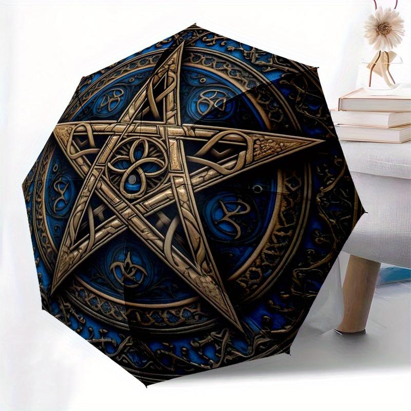 Golden Pentagram Symbol Wall Art Decor, Mystic Blue Circular Design, Spiritual Protection Decoration for Home or Office Umbrella, Cute Umbrella with C