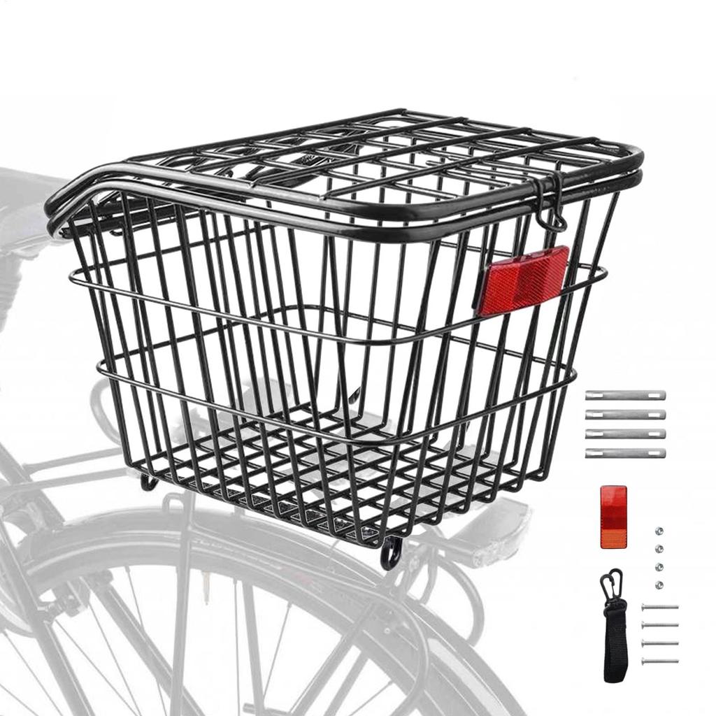 Bike Rear Basket Metal Large Rear Cycle Rack Frame Cycle Rear Shelf Schoolbag Cycle Storage Basket with Lid Cycling Basket