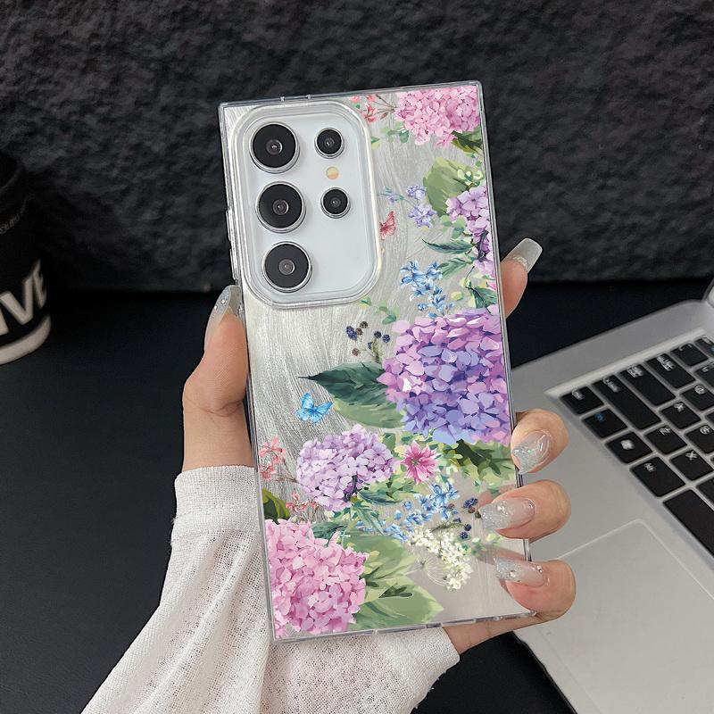Motif Floral Plume Pailleté Étui de Téléphone Slim Pour Samsung S25 Ultra S24 FE S23 A56 A36 A16 A55 TPU Antichoc Bord Souple Paillettes Coque Arrière Rigide en PC
