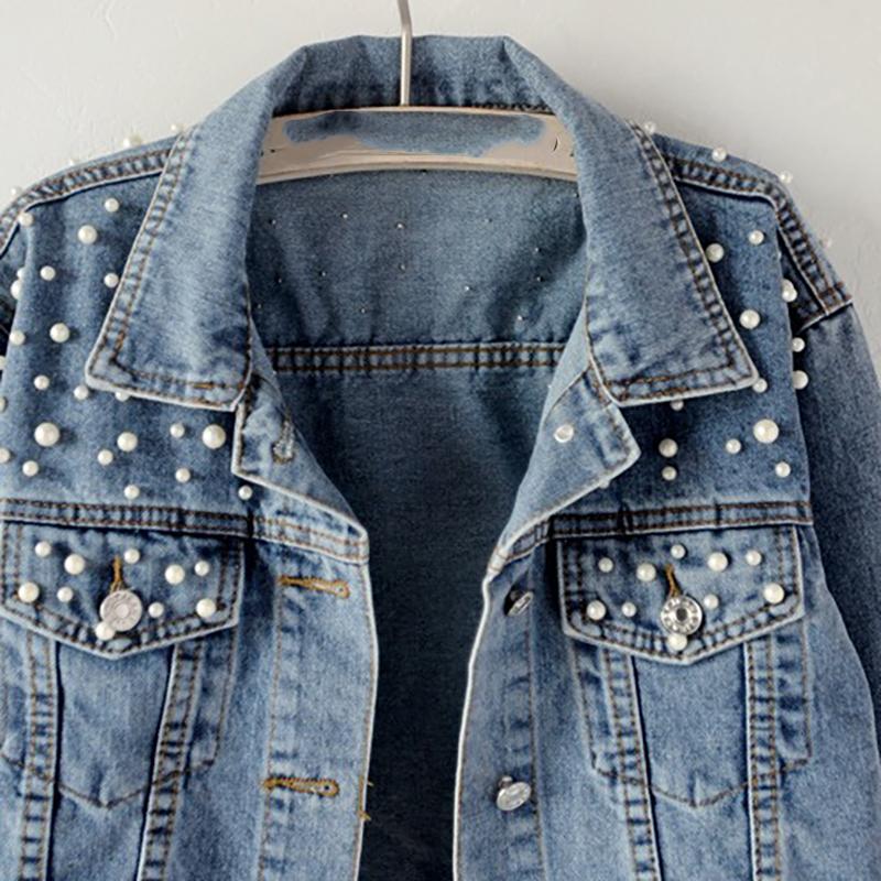 Women's Short Denim Jacket Beaded Pearl Jacket Loose Spring Autumn Denim Jacket