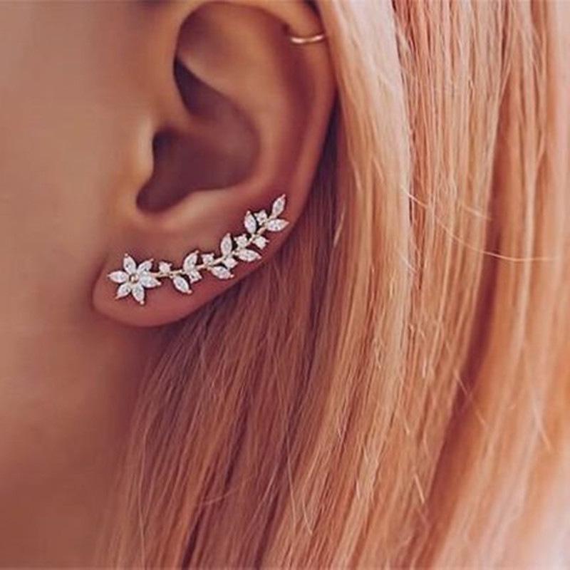 Rhinestone Flower & Leaf Earrings: Luxurious High-End European Style for Women